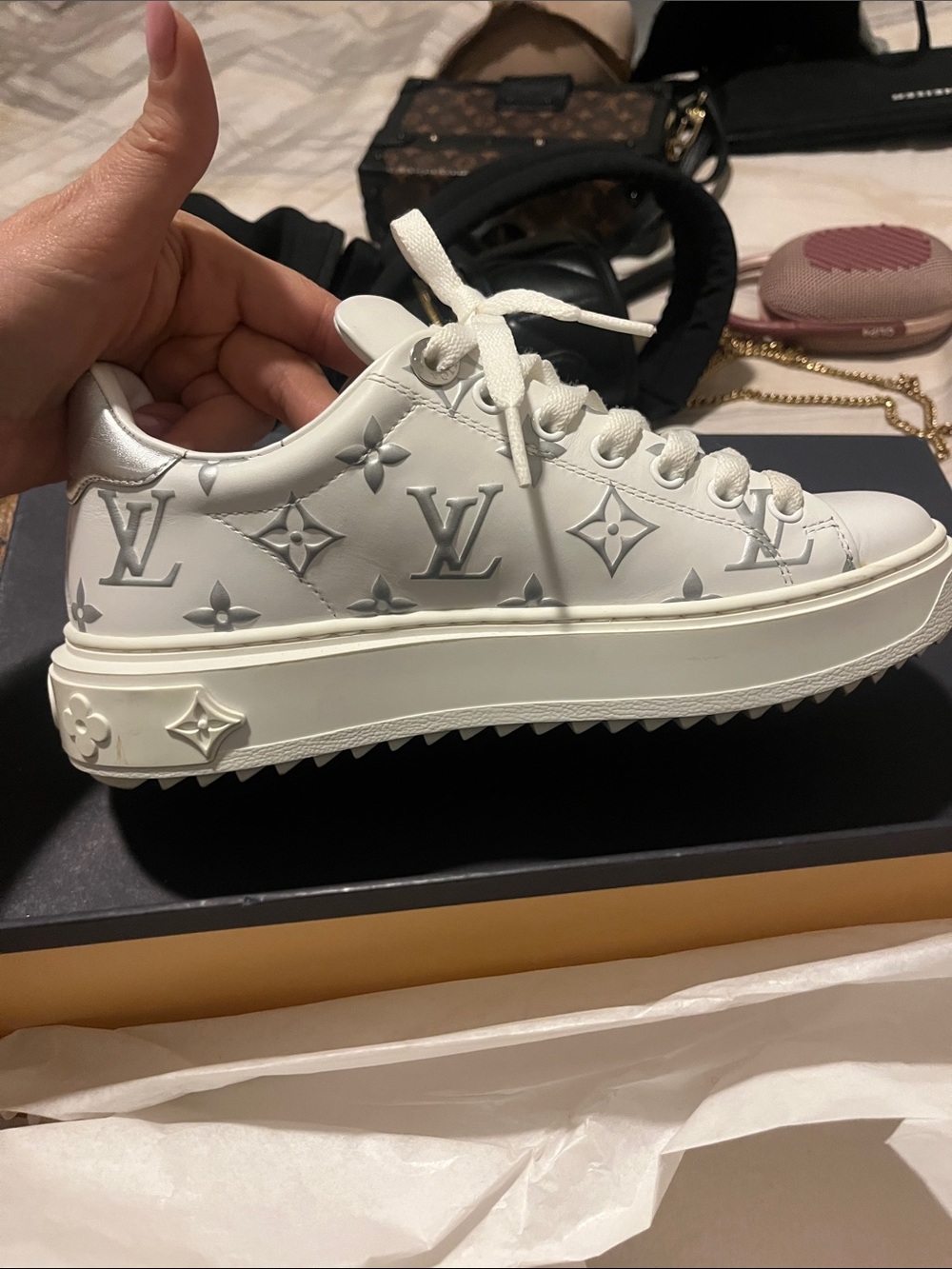 Louis Vuitton White and Silver Monogram Platform Sneaker